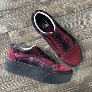 VANS Old Skool Platform Shoes Black Red Suede  Velvet Gothic Punk, Women Size5.5